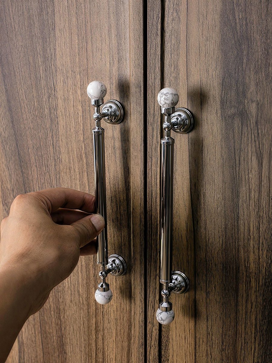 White marble and silver bar handle/Marble and chrome drawer pull/unique cabinet handle/IKEA hack/wardrobe door handle/Geometric hardware