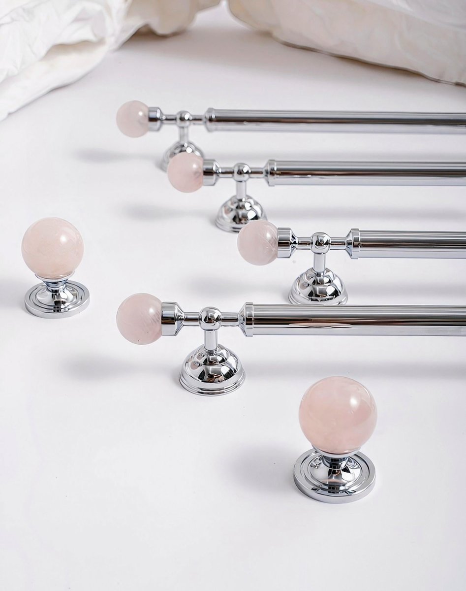 Rose quartz and silver bar handle/Pink crystal and chrome drawer pull/unique cabinet handle/IKEA hack/wardrobe door handle/Crystal hardware