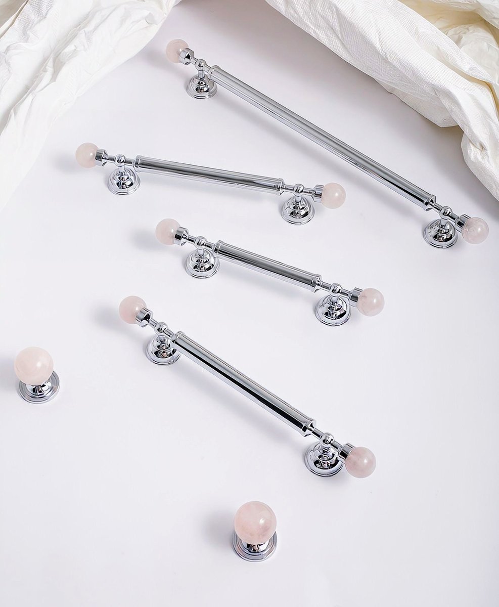Rose quartz and silver bar handle/Pink crystal and chrome drawer pull/unique cabinet handle/IKEA hack/wardrobe door handle/Crystal hardware