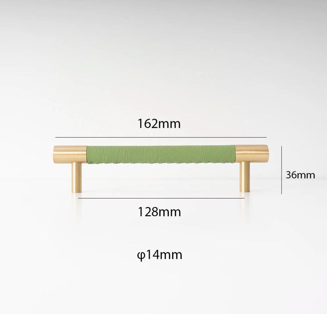Green Leather and Gold Brass cabinet handle/Green leather drawer pull/Green door handle/Green cabinet pull/Leather handle/Leather hardware