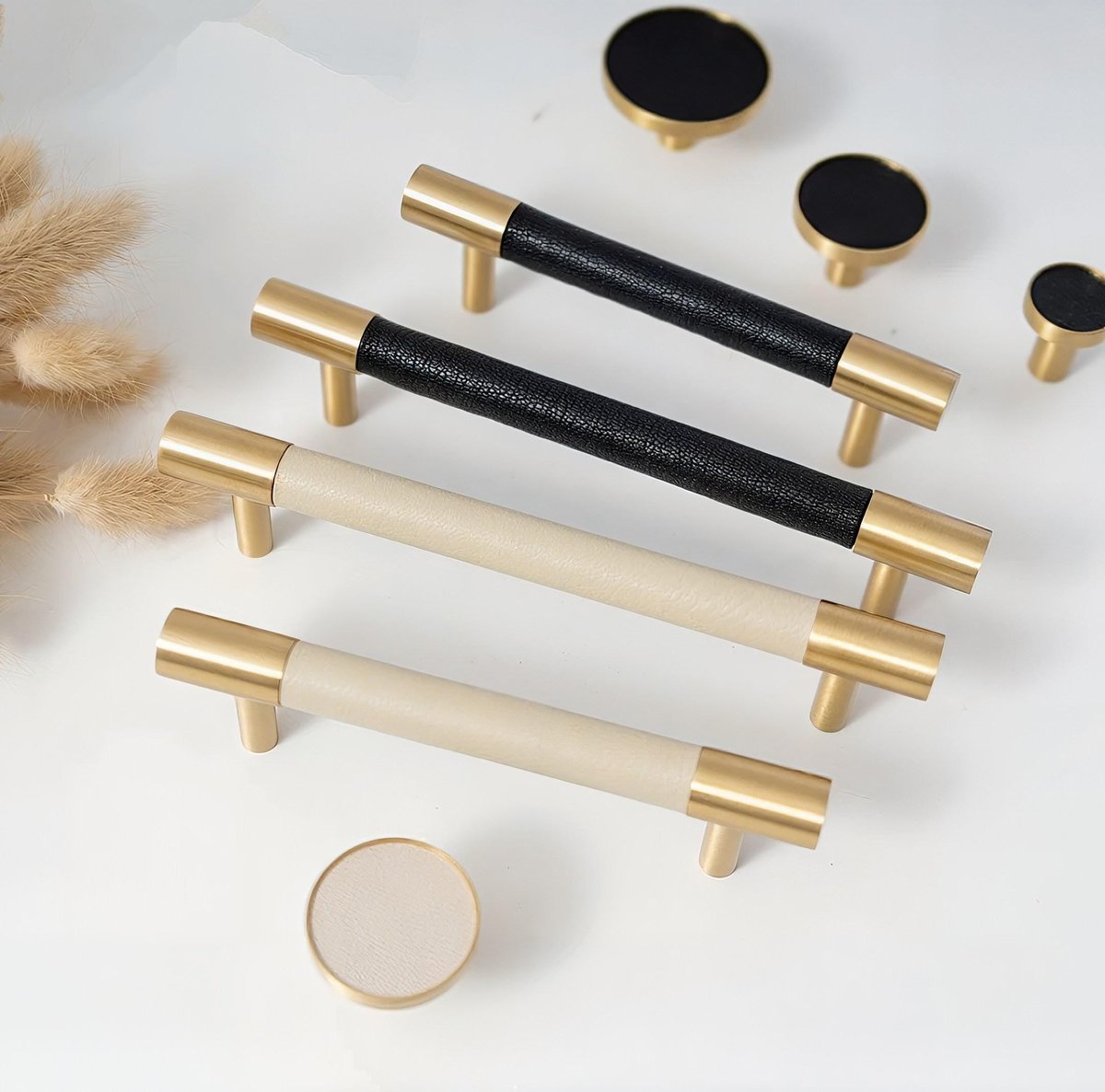 Black or White Leather and Brass cabinet handle/Leather drawer pull/Monochrome door handle/Leather door knob/Leather handle/Leather hardware