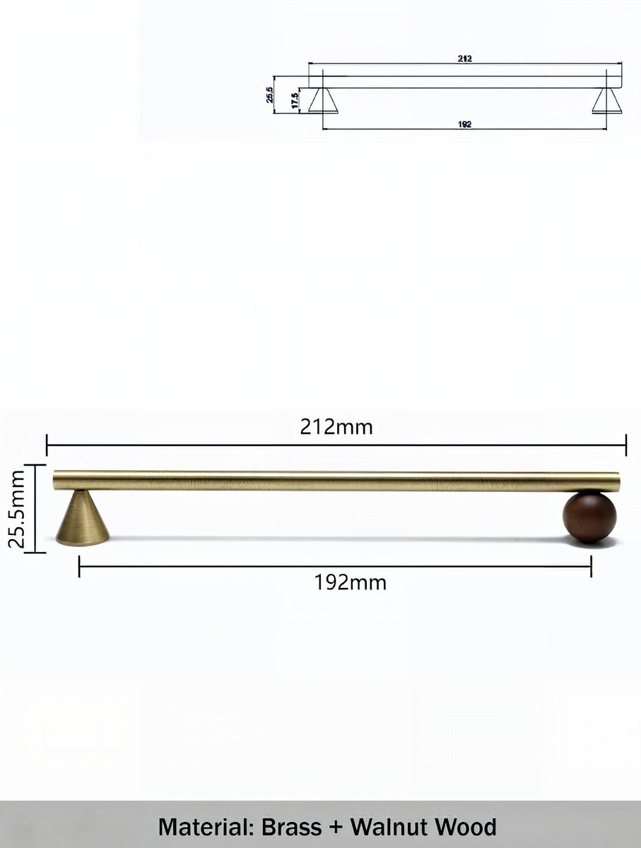 Bronze brass bar handle resting on walnut wood ball/Bronze and wood cabinet handle/Wooden furniture hardware/Bronze brass drawer pull