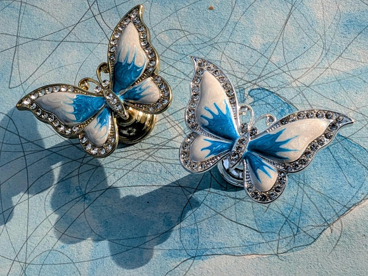 Enameled butterfly drawer handle/Pearly blue and white butterfly cabinet pull/Nursery decor/Nursery door knob/Childrens door handle