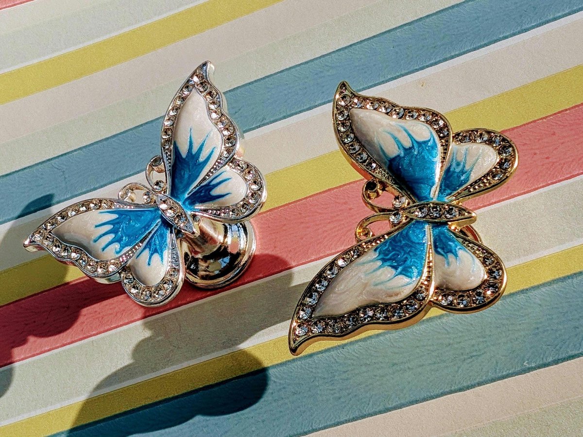 Enameled butterfly drawer handle/Pearly blue and white butterfly cabinet pull/Nursery decor/Nursery door knob/Childrens door handle