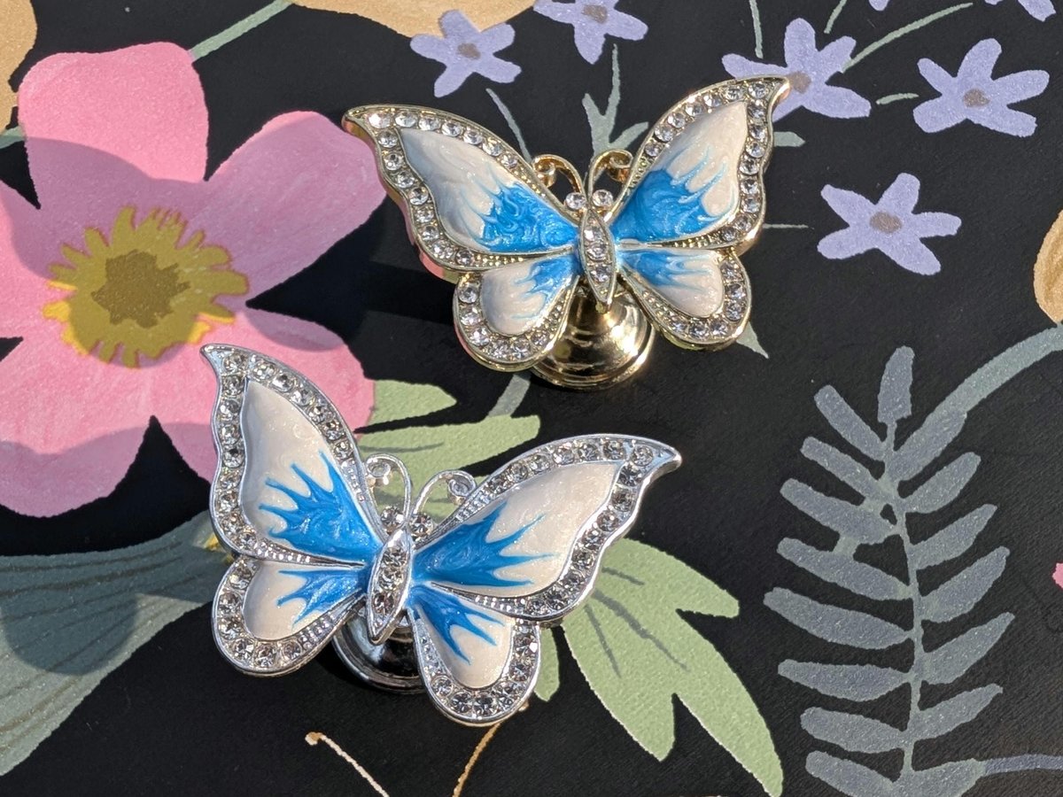 Enameled butterfly drawer handle/Pearly blue and white butterfly cabinet pull/Nursery decor/Nursery door knob/Childrens door handle