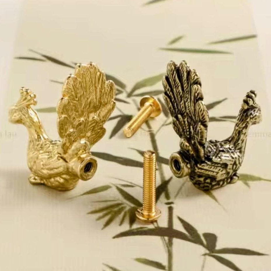 Brass Peacock Cabinet Pull/Gold Brass Peacock Door Handle/Bird shaped drawer handle/gold furniture hardware/Peafowl Cabinet Handle/Door knob