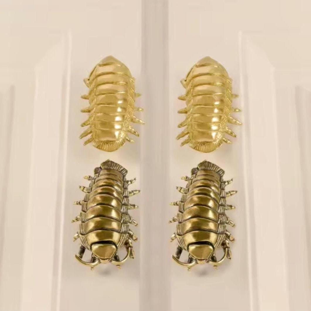 Large brass woodlouse cabinet pull/Isopod shaped Door Handle/Gold insect drawer knob/unique furniture hardware/Roly-polies door knob