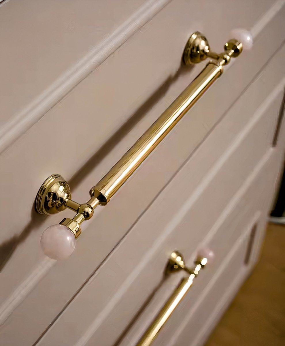 Shiny gold brass pink crystal bar handle/Semi precious stone and brass drawer pull/unique cabinet handle/IKEA hack/wardrobe door handle