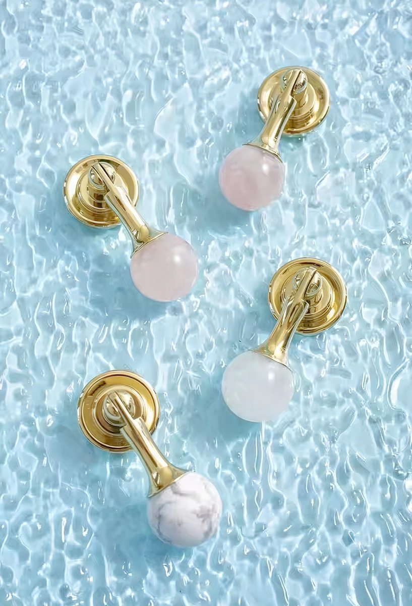 Shiny gold drop handle in rose quartz, white quartz and marble/Gemstone drawer pull/Semi precious stone cabinet pull/Luxury crystal handle