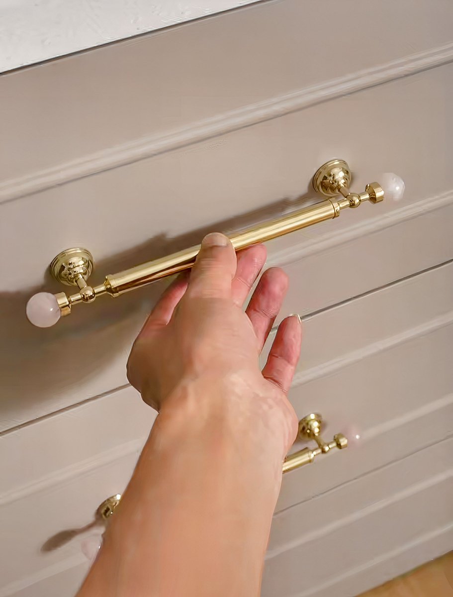 Shiny gold brass pink crystal bar handle/Semi precious stone and brass drawer pull/unique cabinet handle/IKEA hack/wardrobe door handle
