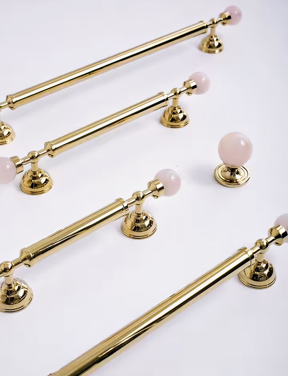 Shiny gold brass pink crystal bar handle/Semi precious stone and brass drawer pull/unique cabinet handle/IKEA hack/wardrobe door handle
