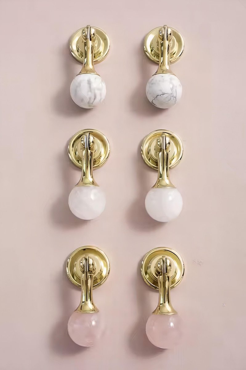 Shiny gold drop handle in rose quartz, white quartz and marble/Gemstone drawer pull/Semi precious stone cabinet pull/Luxury crystal handle