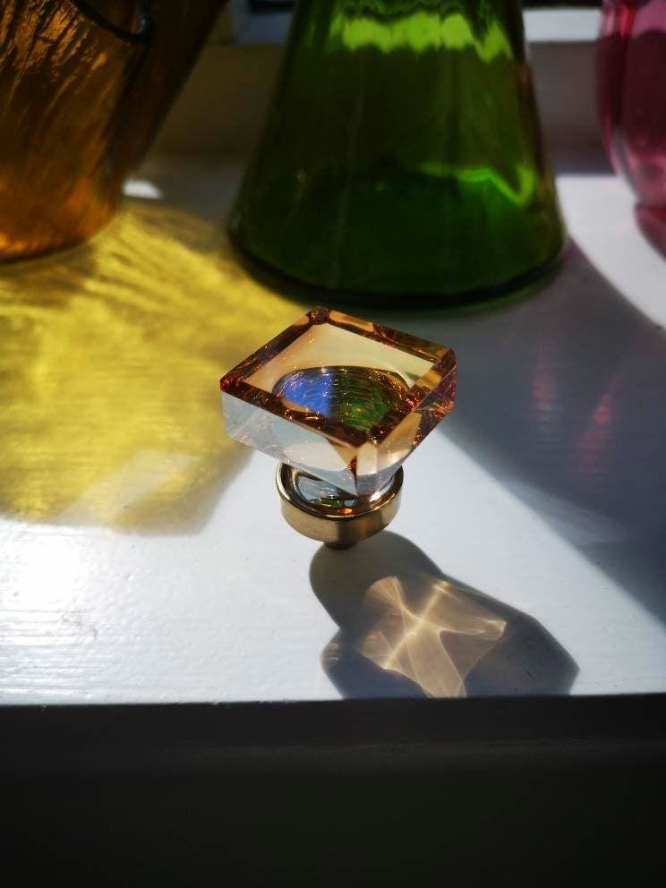 Square cut golden crystal Cabinet Pull/Vintage style crystal drawer handle/Mid century modern crystal drawer knob/Retro style square handle