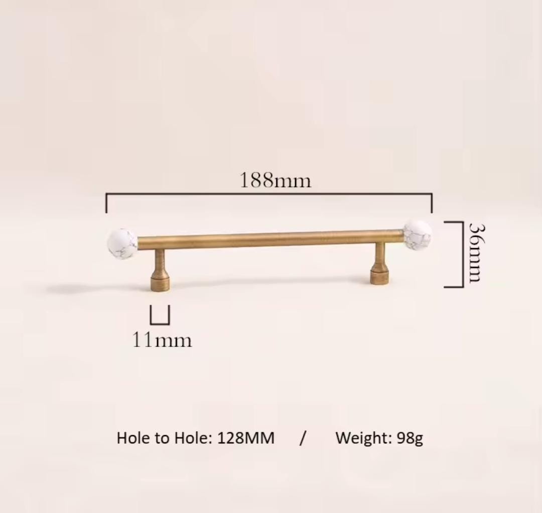 Bronze bar handle resting on white marbl ball/Bronze and marble stone cabinet handle/Semi precious stone and aged brass furniture hardware