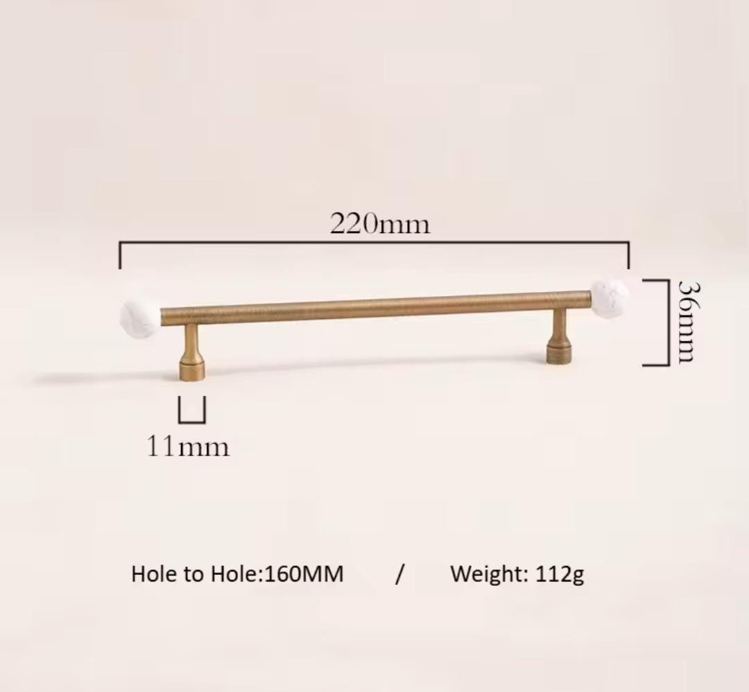Bronze bar handle resting on white marbl ball/Bronze and marble stone cabinet handle/Semi precious stone and aged brass furniture hardware