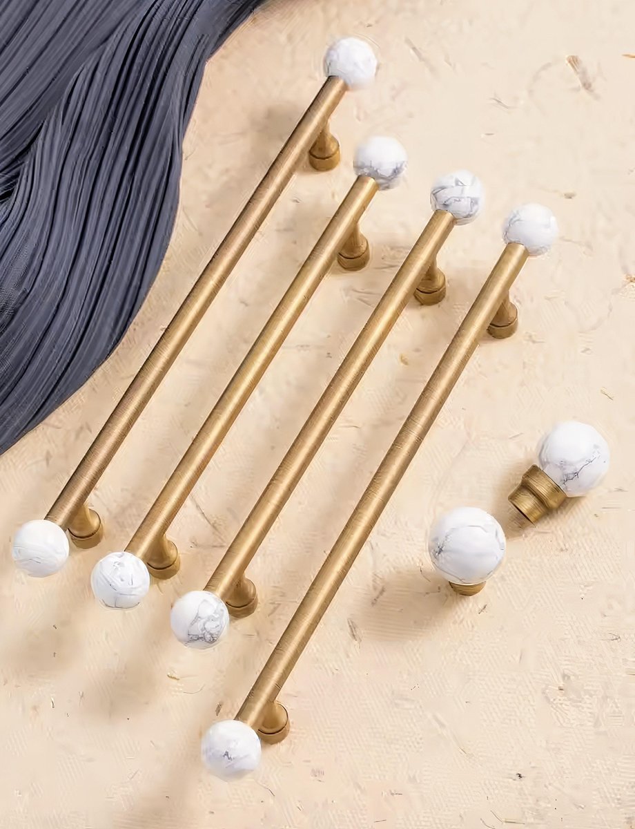 Bronze bar handle resting on white marbl ball/Bronze and marble stone cabinet handle/Semi precious stone and aged brass furniture hardware