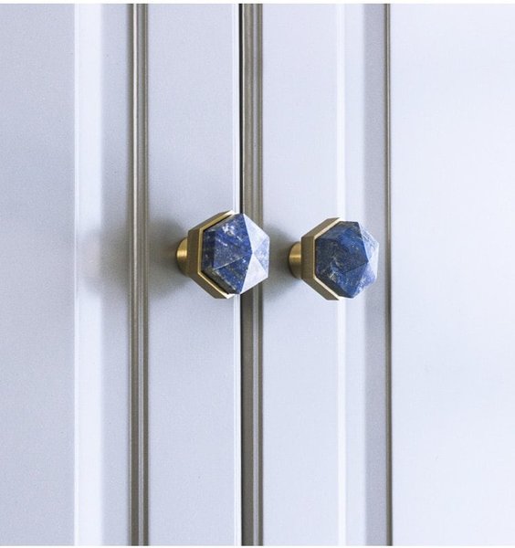 Blue Lapis Lazuli and brass hexagonal drawer pull/Geometric semi precious stone cabinet handle/Gemstone door knob/stone furniture hardware