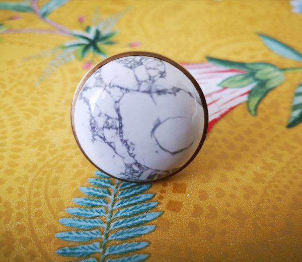 Round Smooth Polished white turquoise cabochon with brass surround Drawer pull Cabinet handle Knob door handles furniture hardware upcycling