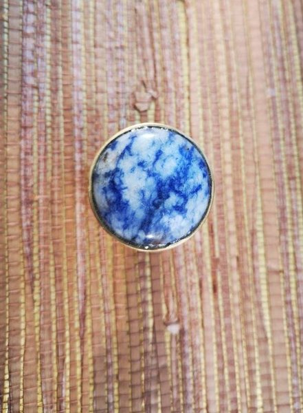 Round electric blue and white marble drawer handle/Smooth Blue marble and brass cabinet handle/Marble furniture hardware/Blue door knob