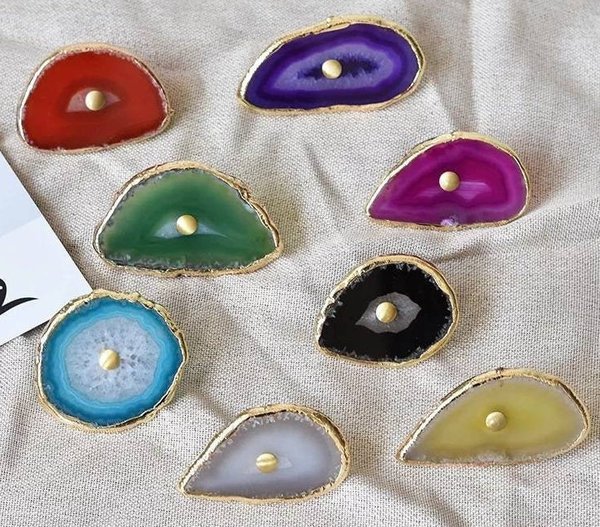 Round large colourful Agate slice cabinet handle/Bright coloured stone door handle with gold edges/Rainbow shade agate slice drawer handle