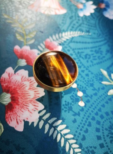 Round polished tiger eye stone and brass drawer pull/Golden brown semi precious stone cabinet handle/Gold gemstone door knob/Stone hardware
