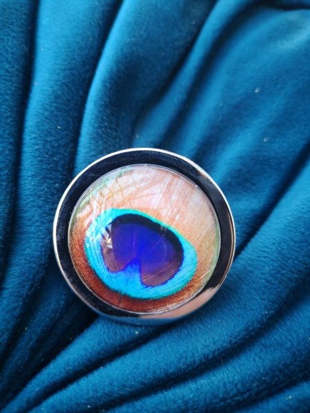 Peacock Eye glass cabochon and silver drawer pull cabinet handle door knob furniture hardware feather