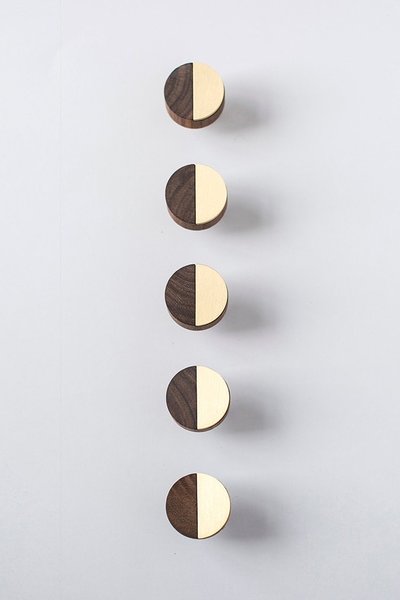 Round walnut wood and gold brass inlay cabinet Pull/Geometric semicircular pattern drawer handle/Gold brass and dark wooden door handle