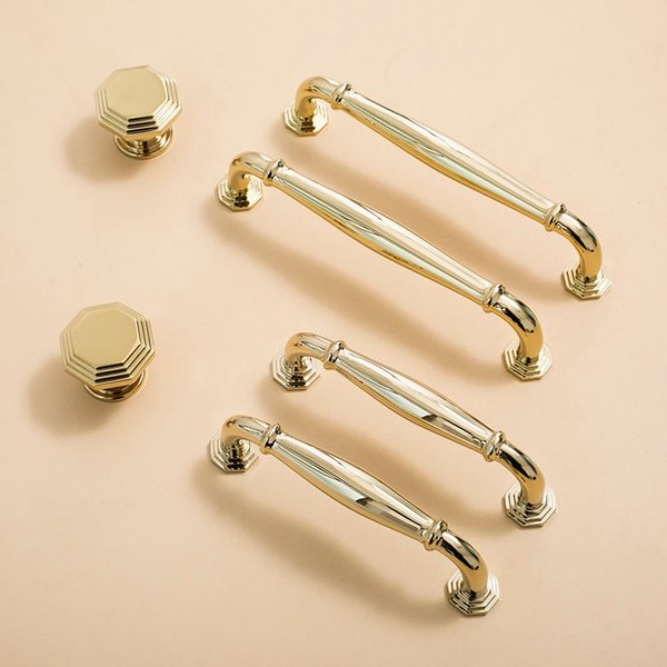 Vintage octagonal design shiny gold drawer pull/Classic gold curved cabinet handle/Shiny Gold octagon shaped door knob and retro curved pull