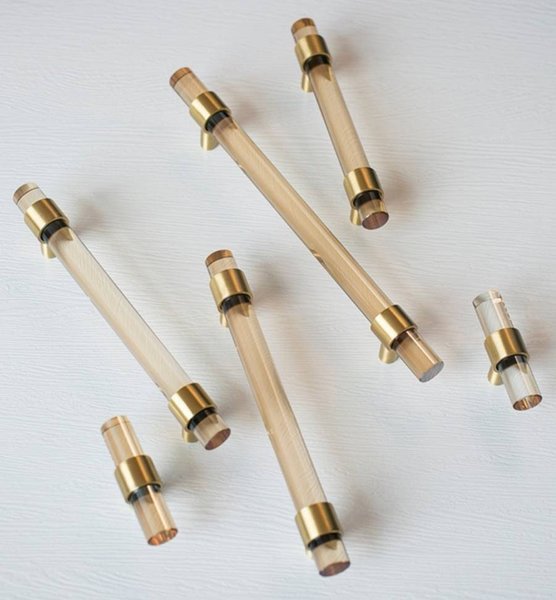 Pale gold lucite acrylic cabinet bar Handle with gold brass ring fixings cylindrical drawer pull/ furniture hardware/cabinet handle/kitchen