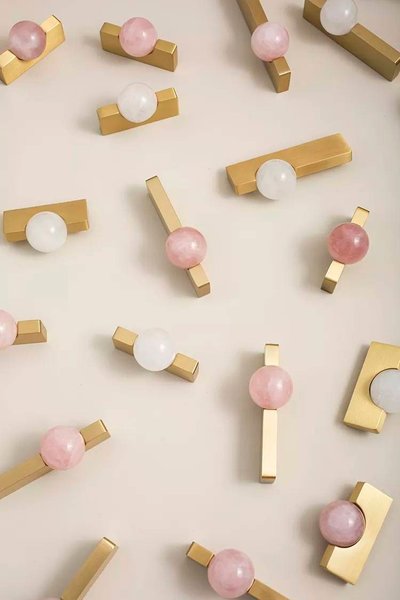 White or rose pink quartz ball and brass bar handle/Semi precious stone drawer pull/unique cabinet handle/IKEA hack/wardrobe door handle