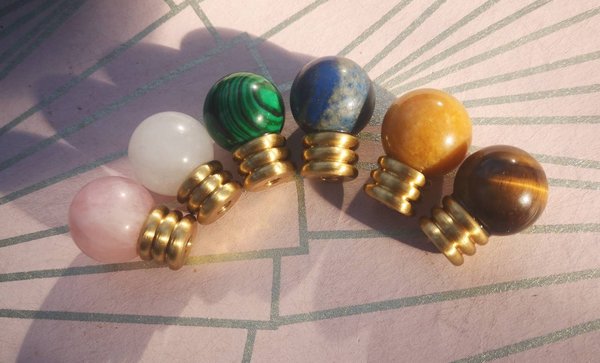 Semi precious stone ball and ridged brass drawer pull/small colourful stone cabinet handle/hardware for small furniture/gemstone door knob