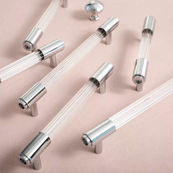 Chrome and clear textured lucite cabinet bar pull handle/clear acrylic drawer handle/lucite furniture hardware/transparent resin handle