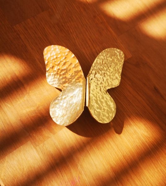 Pair of shiny hammered brass butterfly wing handles/gold butterfly door handles/textured brass hardware/nursery decor/gold kitchen handles