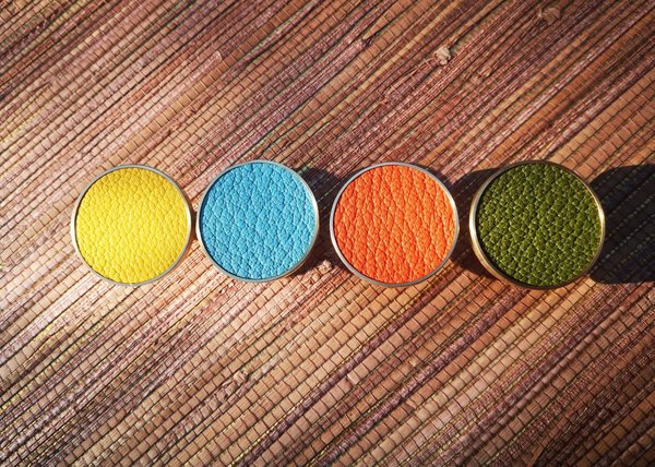 Brass and leather drawer pull/retro colour cabinet handle/blue, yellow, orange and green drawer knob/leather door handle/leather hardware