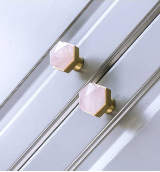 Pink rose quartz crystal hexagonal drawer pull/Pink semi precious stone and brass cabinet handle/Pink gemstone door knob/furniture hardware