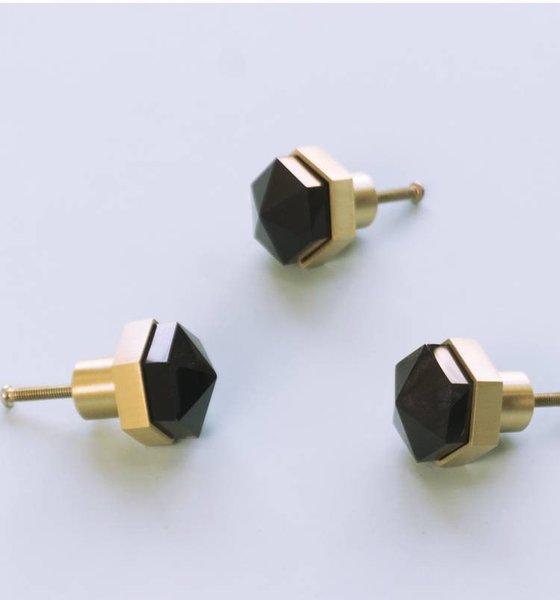 Black shiny Obsidian hexagonal drawer knob/Semi precious stone and brass hexagonal cabinet pull/Black stone cabinet handle/Gemstone handle