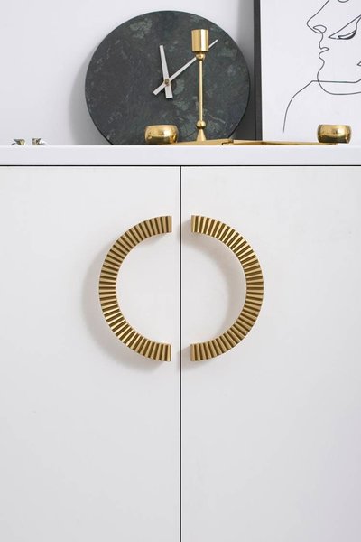 A Pair of large gold cog shaped semi circle door handles/large demi lune cabinet pulls/half circle drawer handles/Gold  wardrobe handles