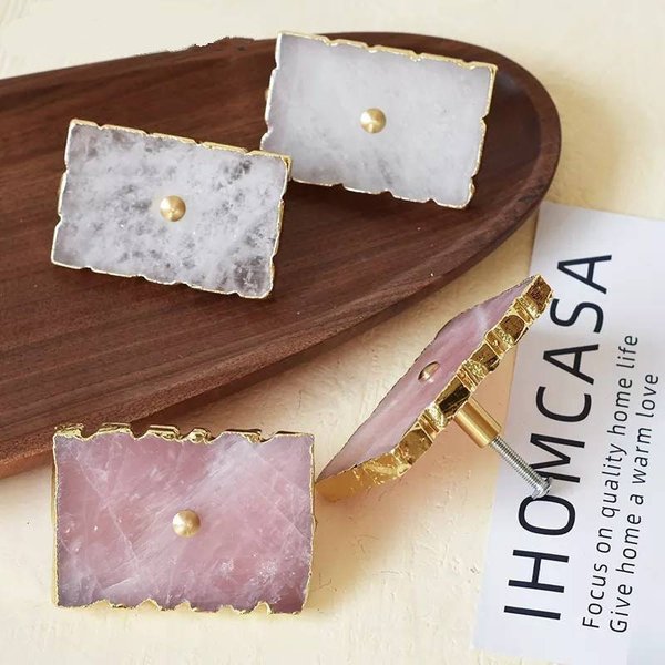 Large white or pink rose quartz rectangle drawer pull with gold edges/Pink gemstone slice cabinet handle/Square crystal slice door handle