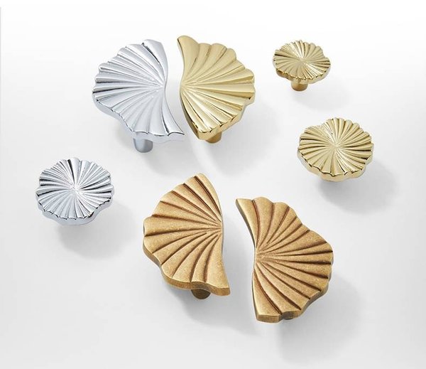 Shiny Gold, Silver or matte Bronze flower design cabinet handles/Matching semi circle and round drawer knobs/Unusual gold brass door handles