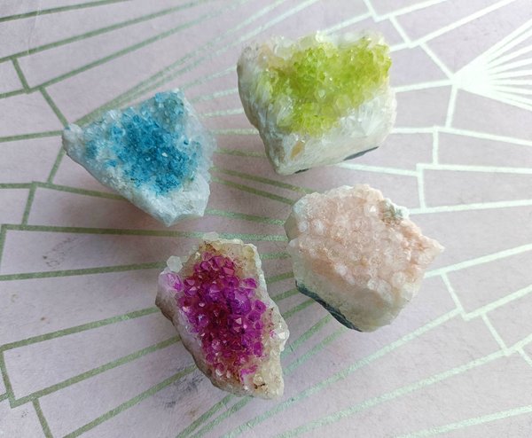 Dyed quartz crystal geode and brass cabinet handle/gemstone drawer handle/crystal door handle/raw semi precious stone door knob/rough quartz