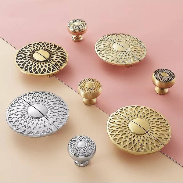 Spirograph design cabinet hardware in gold or silver/semi circle drawer pull and matching round door knob/geometric pattern cabinet handle