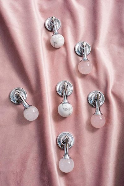 Silver stone ball drop handle in rose quartz, white quartz and marble/Gemstone drawer pull/Semi precious stone cabinet pull/Crystal handle