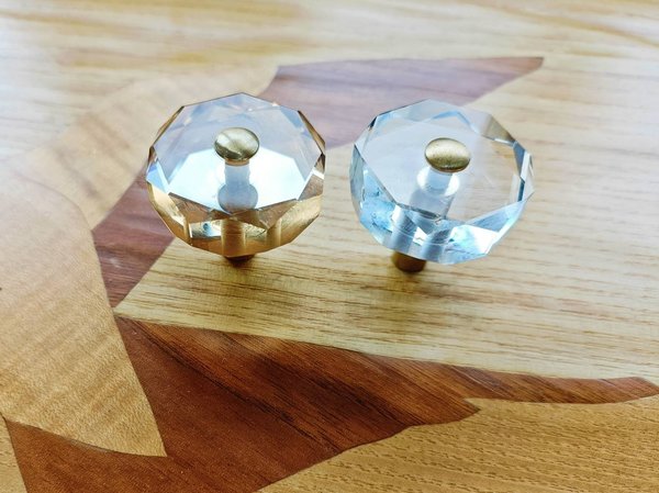 Geometric cut crystal and brass cabinet pull/Retro gold glazed crystal drawer knob/mid century modern style crystal door handle/Crystal knob