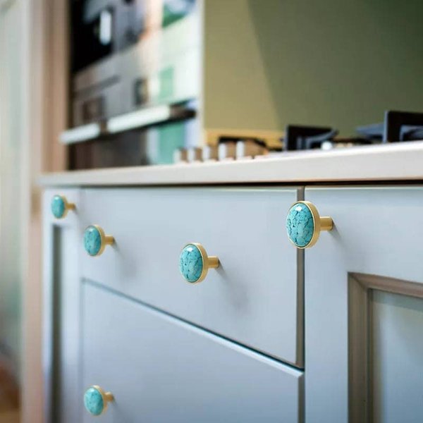 Round blue turquoise stone and brass drawer pull/blue cabinet handle/turquoise door knob/kitchen furniture hardware/stone door handle