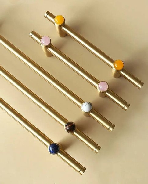 Gold brass and gemstone stud bar handle/Brass and stone drawer pull/Brass hardware for kitchen, bathroom or bedroom/Wardrobe door handle