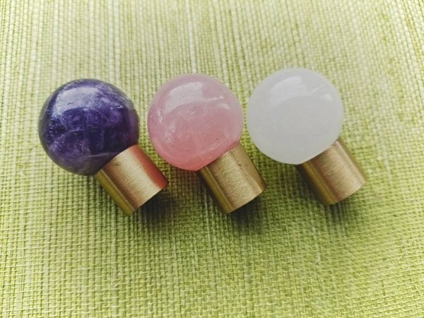 Polished pink, white or purple crystal ball drawer handle/Crystal and brass drawer pull/Gemstone door knob/polished stone cabinet handle