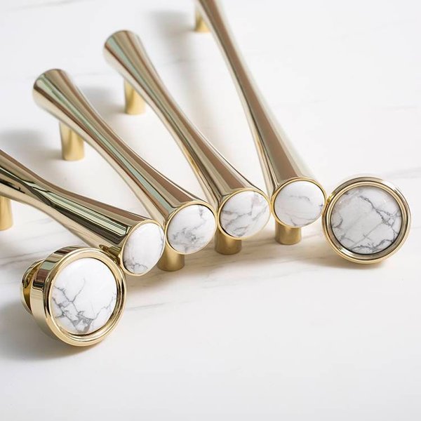 Shiny gold brass and marble bar handle/Luxury hardware/Shiny brass and white marble door handle/white marble drawer pull/Gold cabinet handle