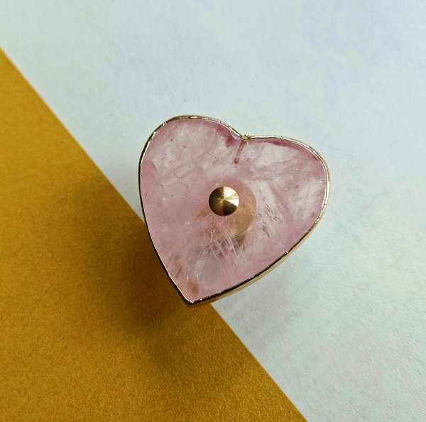 Heart shape rose quartz crystal and brass cabinet handle/Heart shaped gemstone drawer handle/Heart shaped pink crystal door handle