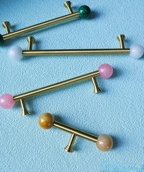 Gold brass bar handle with semi precious stone ball ends/Colourful cabinet handle/Stone furniture hardware/crystal drawer pull/Cabinet pull