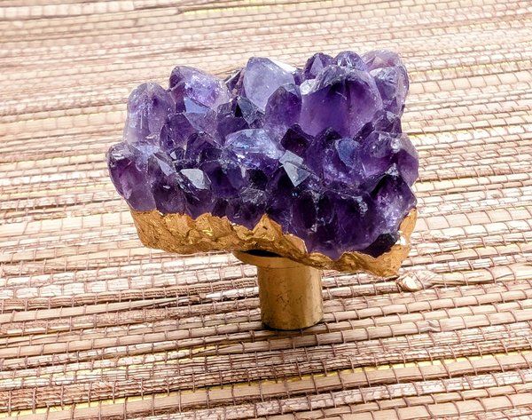 Natural Irregular shaped purple Amethyst drawer handle/Rough cut quartz crystal and gold brass cabinet pull/Gemstone door knob/geode handle